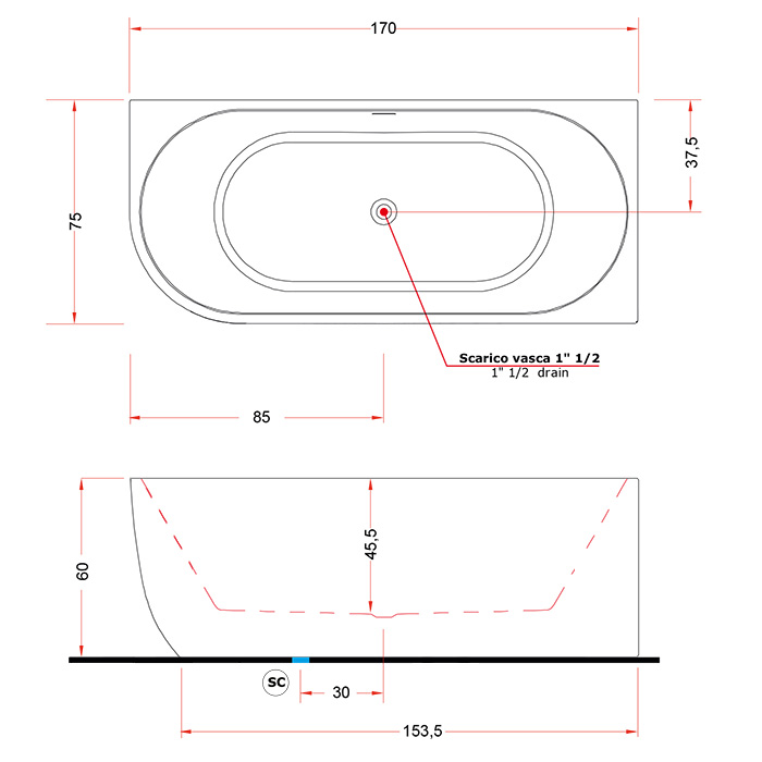 Gruppo Treesse Cora Ванна 170x75x60h см акриловая пристенная в правый угол, белая матовый 