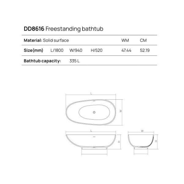 DEA DESIGN Modern Ванна отдельностоящая 180x94xh52 см, материал: Solid Surface искуственный камень, цвет: Black №16 