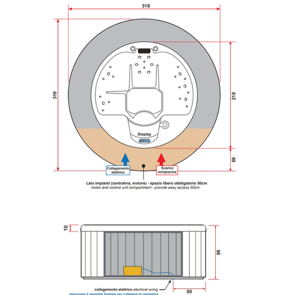 Gruppo Treesse Male Минибассейн 210*95см  г/м, нагреватель 2kw, фильтр картридж, хромо-я, панель, цвет серый, акрил белый. 