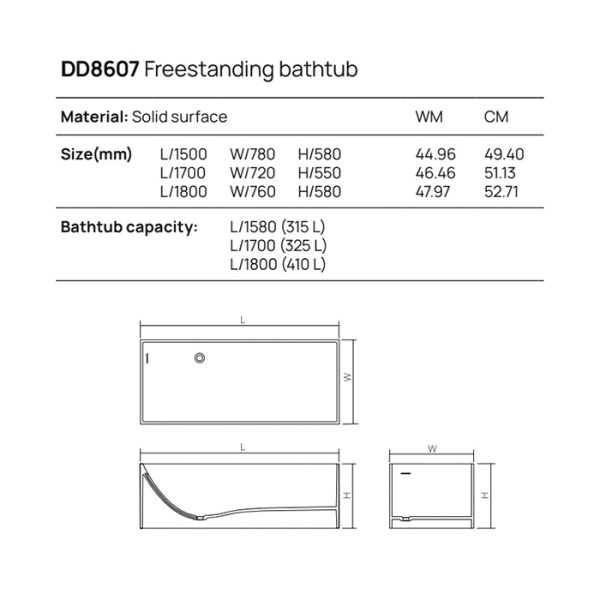 DEA DESIGN Modern Ванна отдельностоящая 170x72xh55 см, материал: Solid Surface искуственный камень, цвет: White №18 